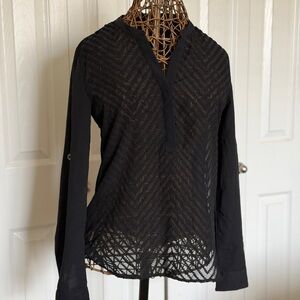 Calvin Klein Black Sheer Chevron Lace Long-Sleeve Blouse